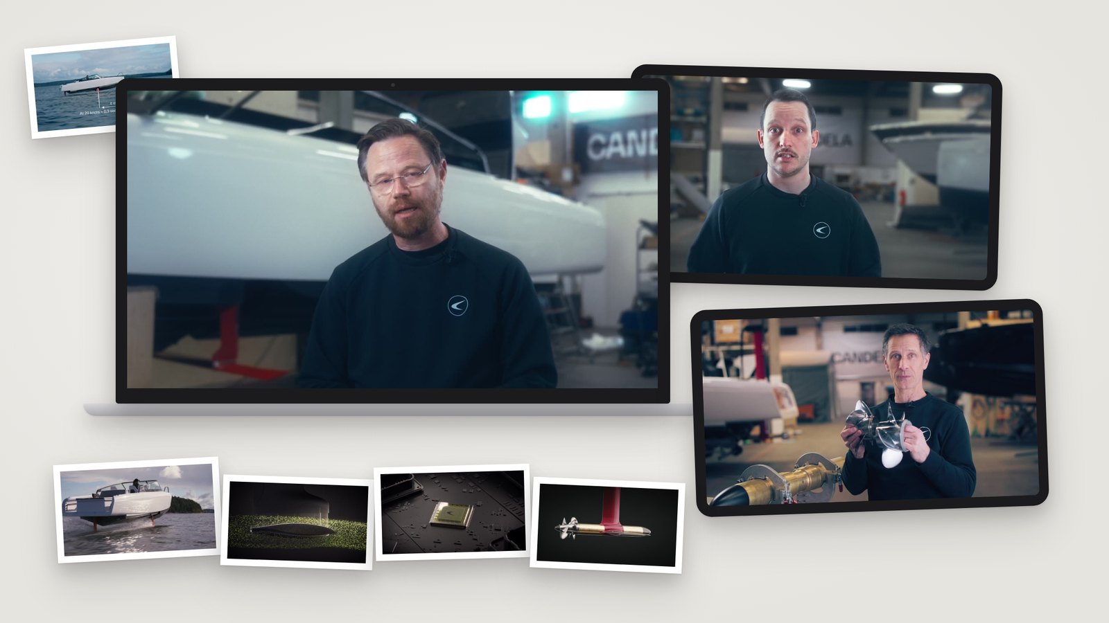 The three Candela Tech Talks films on a laptop and two tablets, with stills of the boat, the foil, the flight controller and the motor.