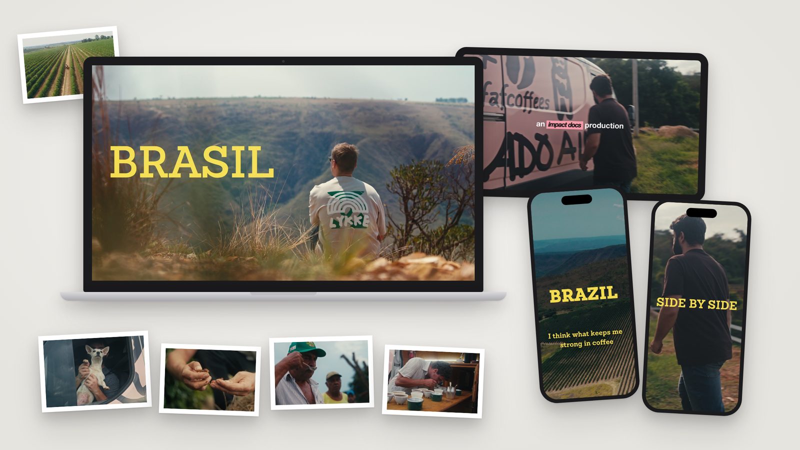 Two of Lykke’s films from Brazil on a laptop and a tablet, two reels on phones, and printed stills from the trip.
