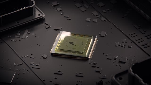 Animation of the flight controller chip on its circuit board.